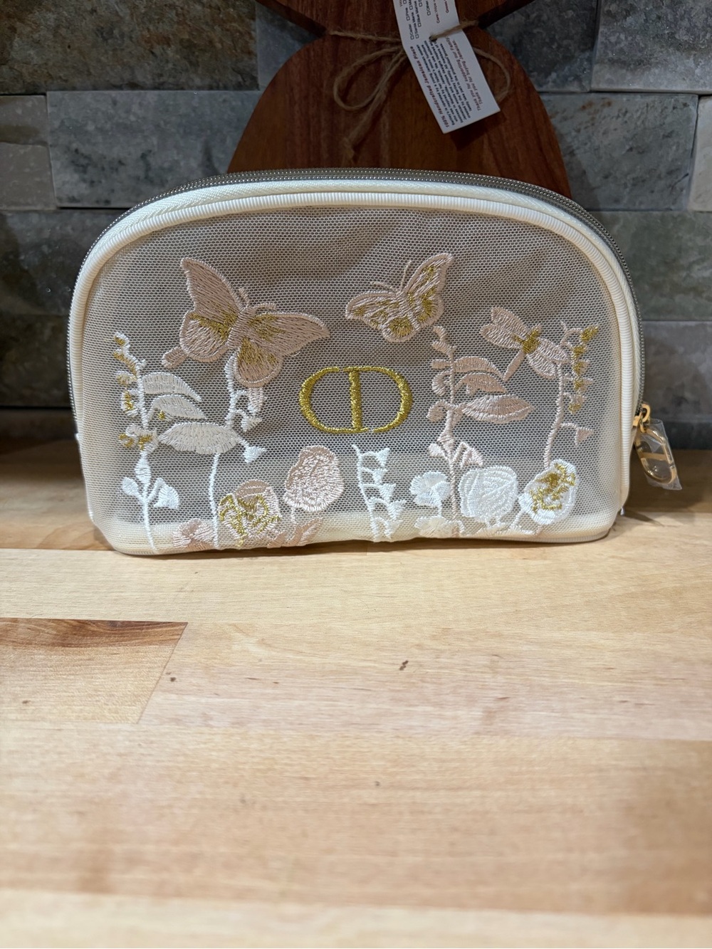 Christian Dior Embroidered Butterfly Floral Cosmetic Pouch - Beige